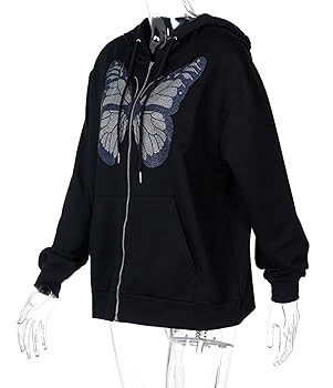 Amazon.com: AQQYA Women's Butterfly Zip Up Rhinestone Hooded